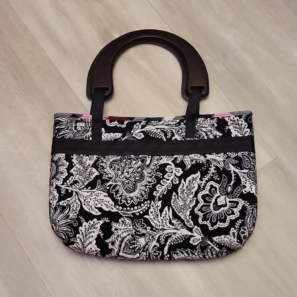 Unbranded Black and White‎ Paisely Print Wooden Handled Tote Purse